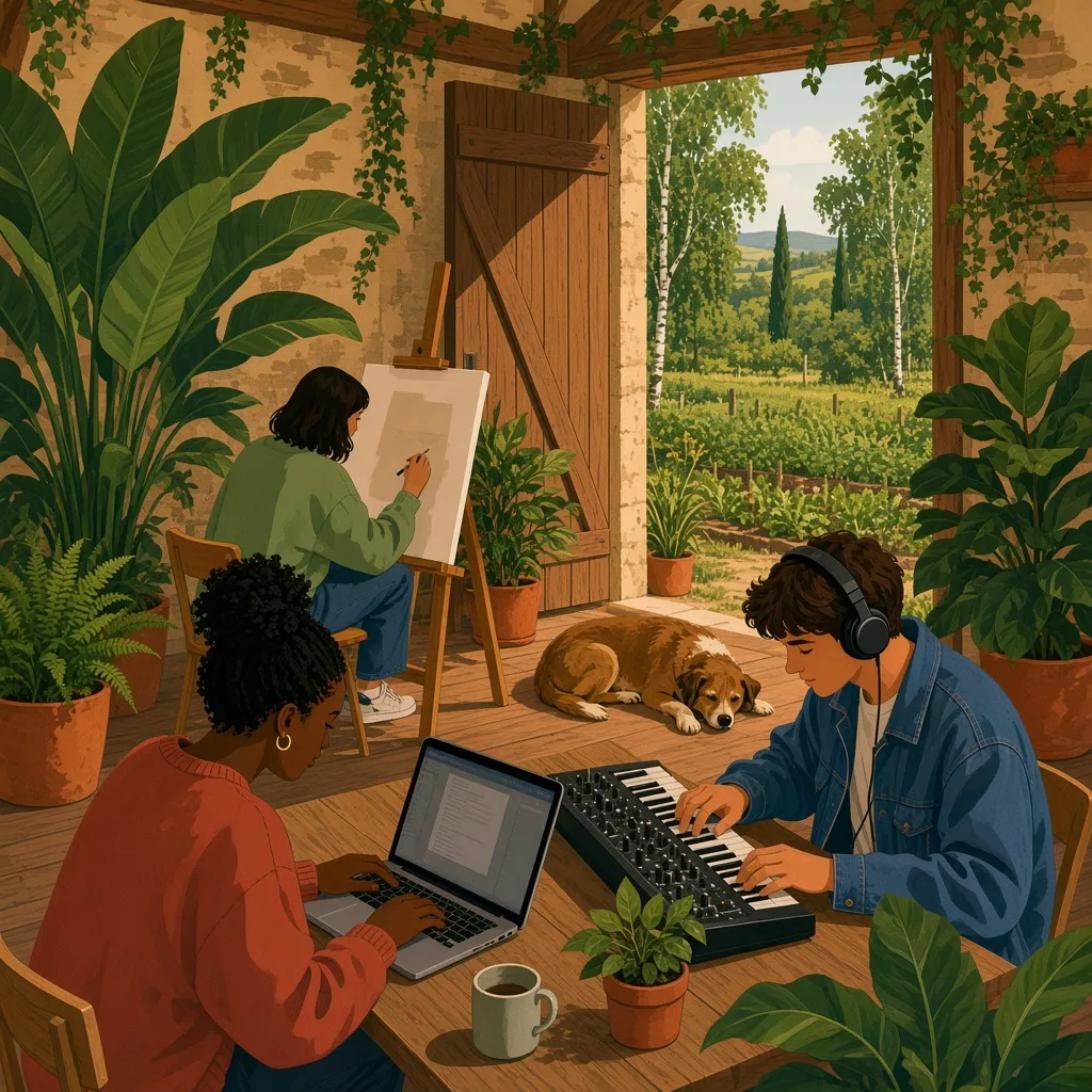 Illustration of a converted barn full of plants used as a coworking space, its doors open onto a vegetable garden and birch trees. One person works on a laptop, one makes music, one paints, and a dog sleeps on the floor.
