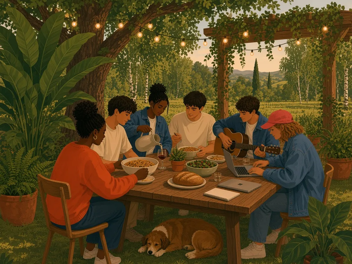 Illustration of friends around a long wooden table in a green garden under a big tree and string lights, sharing pasta and wine while someone plays guitar and a dog sleeps underneath.