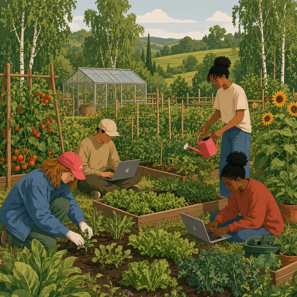 Illustration of four young people gardening together among raised vegetable beds, tomatoes and sunflowers, with laptops open between the plants.