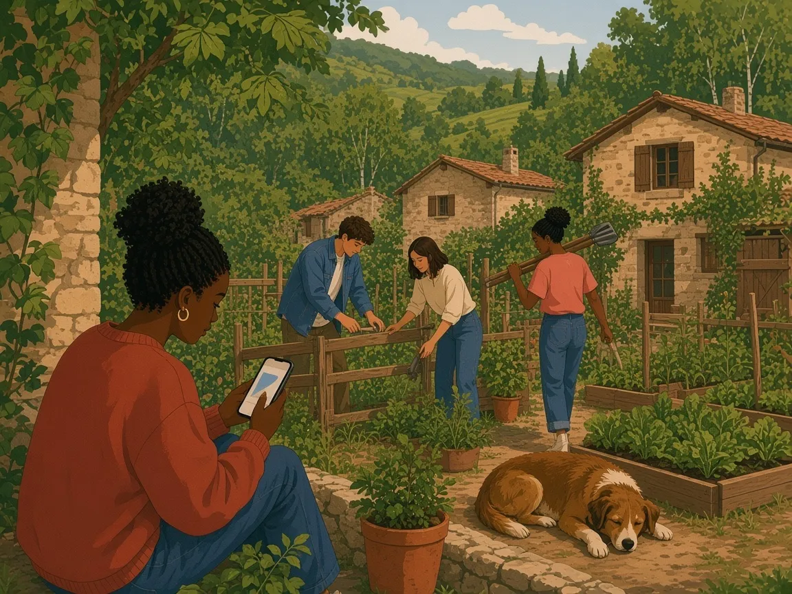 Illustration of a woman checking her phone on a garden wall while neighbours behind her fix a wooden fence together and a dog sleeps by the vegetable beds.