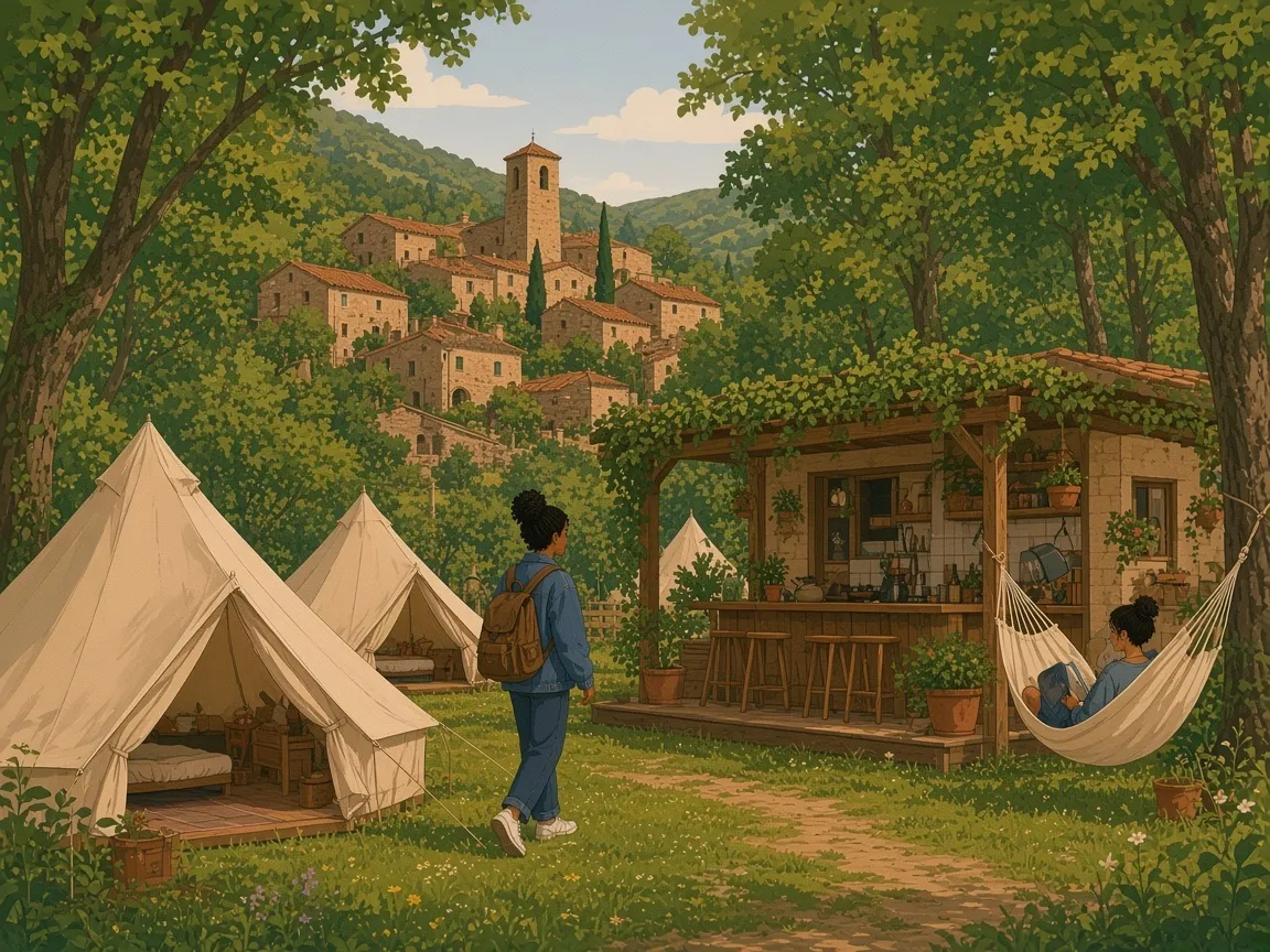 Illustration of canvas bell tents with made beds in a meadow below a stone village, an outdoor kitchen under a vine pergola, someone arriving with just a backpack and someone reading in a hammock.