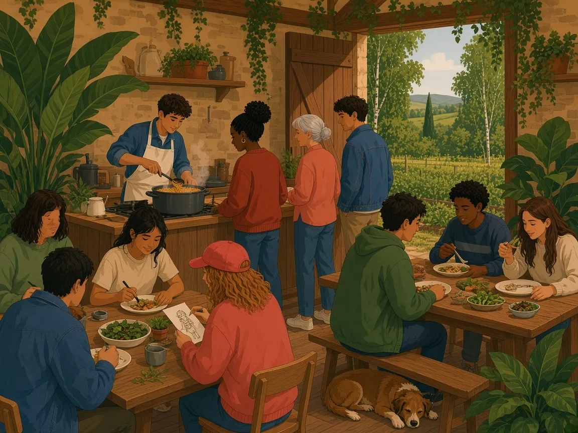 Illustration of a community lunch in a stone hall open to the garden, with a cook serving pasta from a big pot and people of all ages eating together at long wooden tables.