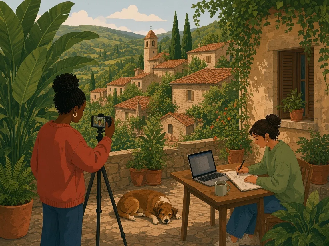 Illustration of a young woman filming the village with a phone on a tripod from a stone terrace, while a friend sketches notes next to a laptop and a dog sleeps between them.