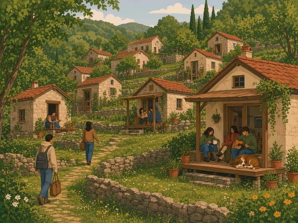 Illustration of small stone houses with wooden porches on a green terraced hillside, friends playing guitar on a porch and guests walking up a stone path with their bags.
