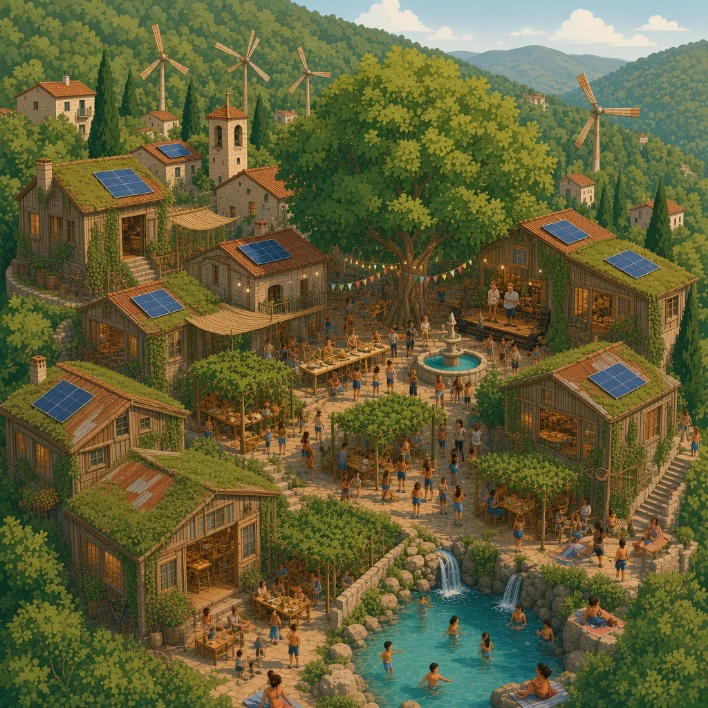Illustrated aerial view of a busy solarpunk mountain village: old stone houses with solar panels next to self-built timber studios with sod roofs and corrugated metal patches, homemade wooden wind turbines on the green hills, a big party with a band, string lights and long tables around the fountain under a huge plane tree, people on laptops under vine pergolas, and a rock pool with waterfalls full of swimmers.