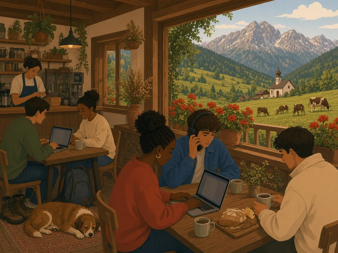 Illustration of a wooden Alpine chalet café with geraniums on the balcony, looking out on snowy peaks, a meadow with cows and a small chapel. People work on laptops with mugs of coffee and a board of bread and cheese, hiking boots sit by a chair and a dog sleeps on a rug.