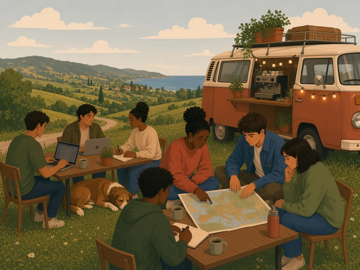 Illustration of a pop-up café run from an old camper van with an espresso machine and plants on its roof, on a green hilltop above a winding road and the sea. People work on laptops at tables in the grass while others point at a big paper map of Europe, and a dog sleeps under a table.