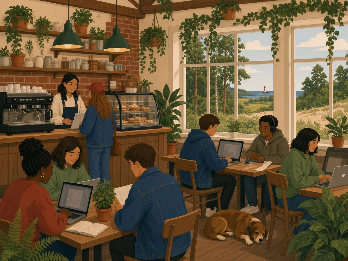 Illustration of a brick-walled coworking café full of plants in a Baltic coast village. People work on laptops at wooden tables and order pastries at the counter, a dog sleeps under a table, and through the windows pine trees and dunes lead to a thin strip of sea with a tiny lighthouse far in the distance.