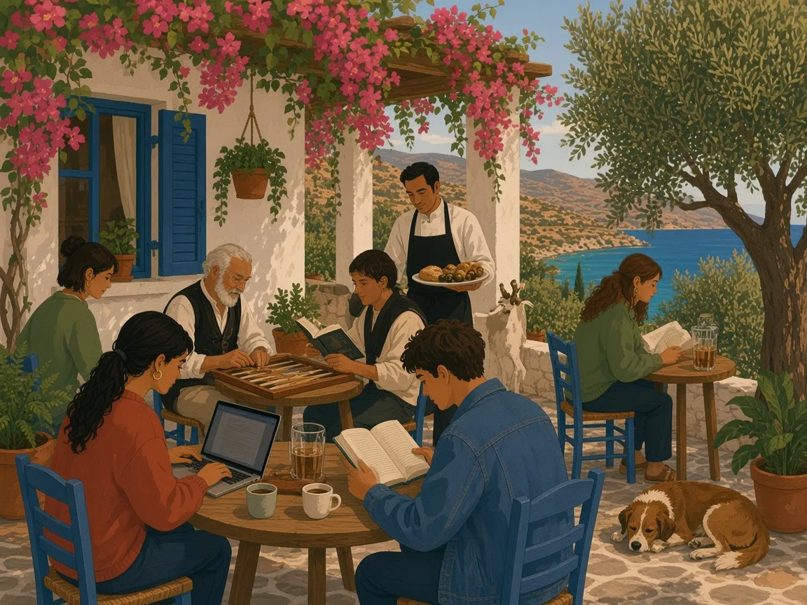 Illustration of a Greek village café terrace with blue chairs and shutters under a bougainvillea pergola. People work on laptops and read over coffee, an old man plays backgammon, a waiter brings olives and bread, a goat peeks over the wall and a turquoise bay shows between the olive trees.