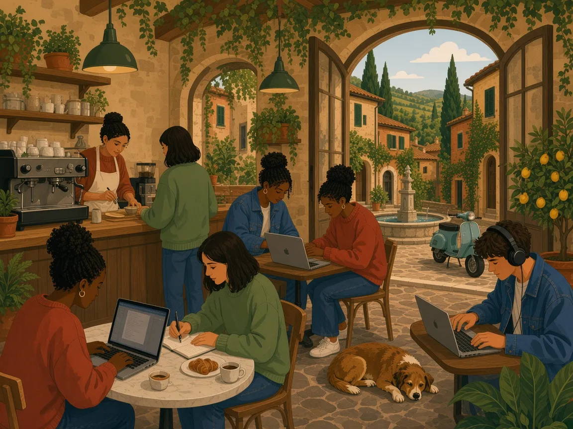 Illustration of a vaulted stone café in an Italian hill village, open onto a piazza with a fountain, a Vespa and cypress-covered hills. People work on laptops over espresso and cornetti, one sketches in a notebook, a barista works an old espresso machine and a dog sleeps on the stone floor.
