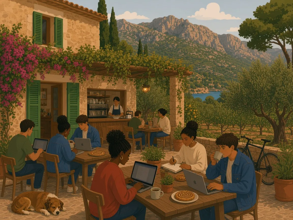 Illustration of a café terrace at a honey-coloured stone finca with green shutters, bougainvillea and a vine pergola, with olive trees, the Tramuntana mountains and a turquoise cove behind. People work on laptops over coffee and ensaïmadas, a road bike leans on the wall and a dog sleeps nearby.