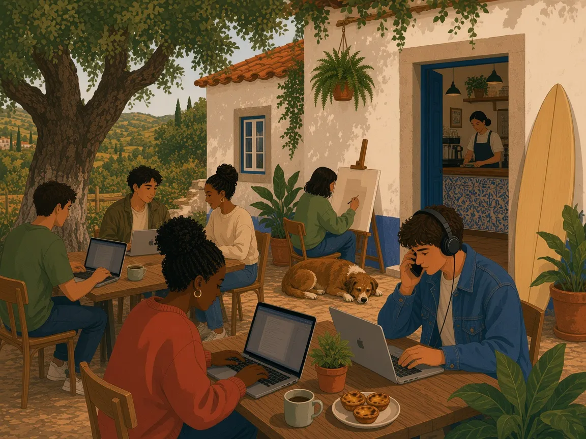 Illustration of a coworking café in a whitewashed Portuguese farmhouse with blue trim and an azulejo-tiled counter. People work on laptops at wooden tables under a big oak with coffee and pastéis de nata, someone paints at an easel, a surfboard leans on the wall and a dog sleeps in the shade.