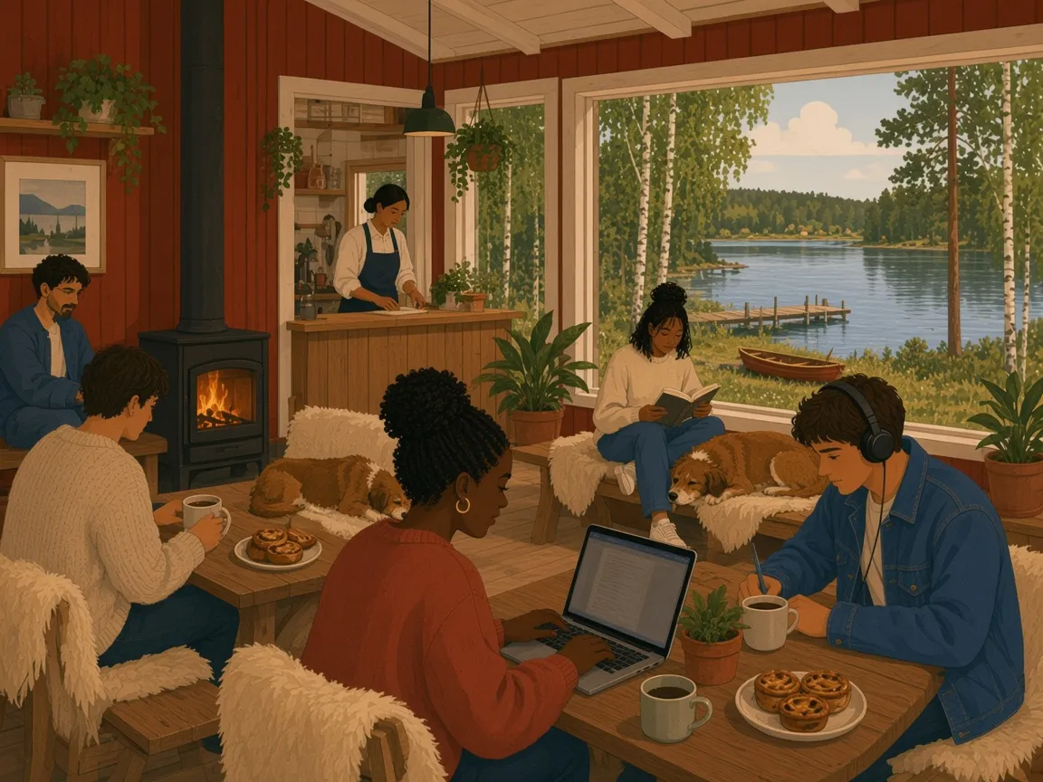 Illustration of a cozy café in a red Swedish wooden house with a wood stove and sheepskins on the benches. People have fika with cinnamon buns while working on laptops and reading, and a big window looks out on a lake with a jetty and a rowing boat.